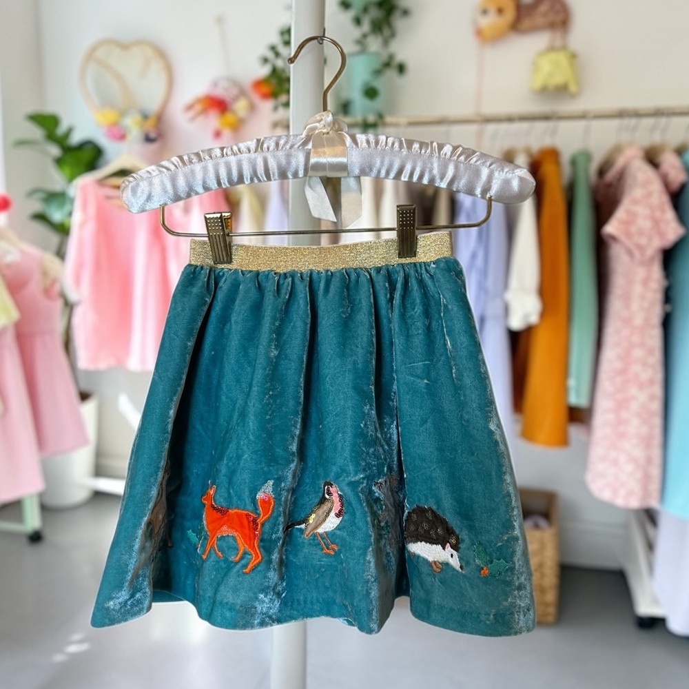 Mini Boden Girls Teal Velvet Skirt Woodland Embroidery 7-8 Fairycore HTF RARE